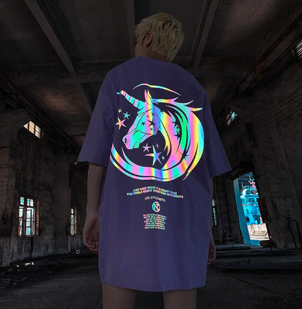 Unisex Unicorn Reflective Print Casual T Shirt Oversize Shirts Short Sleeves Couple Clothes