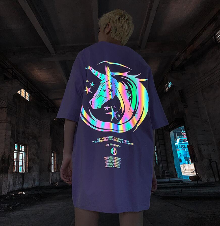 Unisex Unicorn Reflective Print Casual T Shirt Oversize Shirts Short Sleeves Couple Clothes