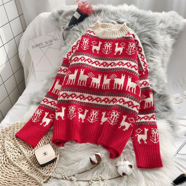 Women Knitted Christmas Sweater Autumn Winter New Loose Harajuku O-Neck Full Warm Wild Female Korean Version Pullover