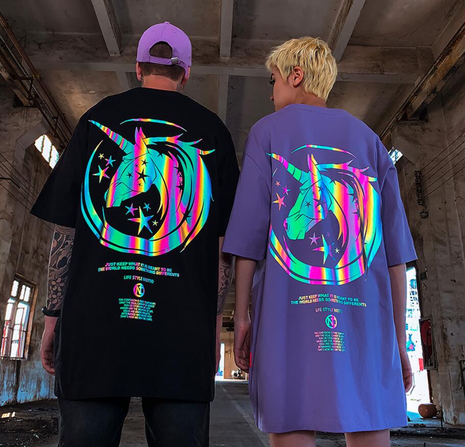 Unisex Unicorn Reflective Print Casual T Shirt Oversize Shirts Short Sleeves Couple Clothes