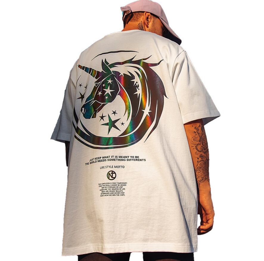 Unisex Unicorn Reflective Print Casual T Shirt Oversize Shirts Short Sleeves Couple Clothes