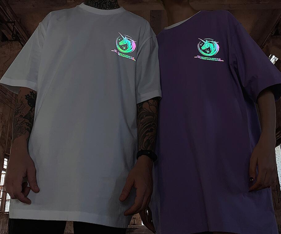 Unisex Unicorn Reflective Print Casual T Shirt Oversize Shirts Short Sleeves Couple Clothes