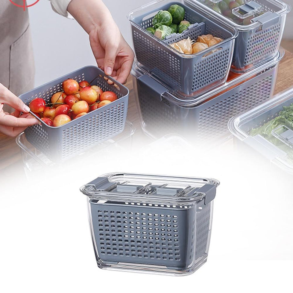 Plastic Double Sealed Drain Storage Box Refrigerator Fruit Vegetable Drain Storage Containers With Lid Kitchen Fridge Organizer